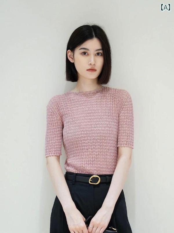 レディース サクラ色 花柄 シフォン 編み物 半袖 プルオーバー 夏 心地よい トップス パステル色の質感 愛くるしげ  軽さ 吸湿速乾