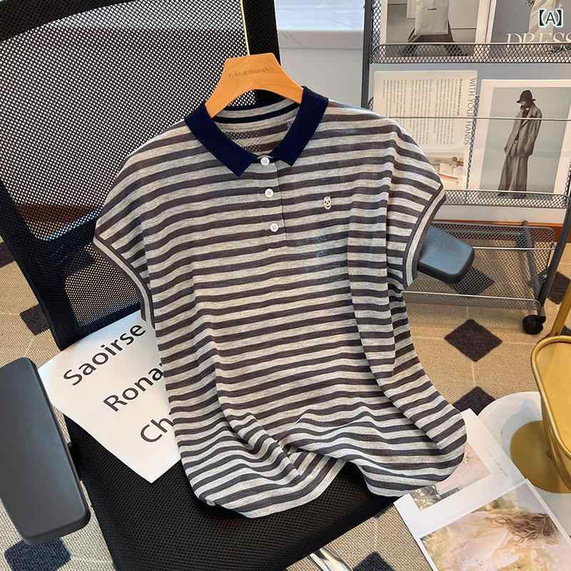 レディース スポーツシャツ 夏用 縞模様 当たること冷感 薄っぺら 半袖 編み物 トップス 醋酸衣料繊維 麻 心地よい 吸湿速乾 軽さ 普段使い