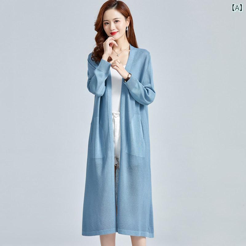 ジレー レディース 夏 ゆったり 薄っぺら 軽さ 当たること冷感 吸湿速乾 編み物 無地 膝下丈 UVとり捨てる 肩かけ アウター 日常使い走り