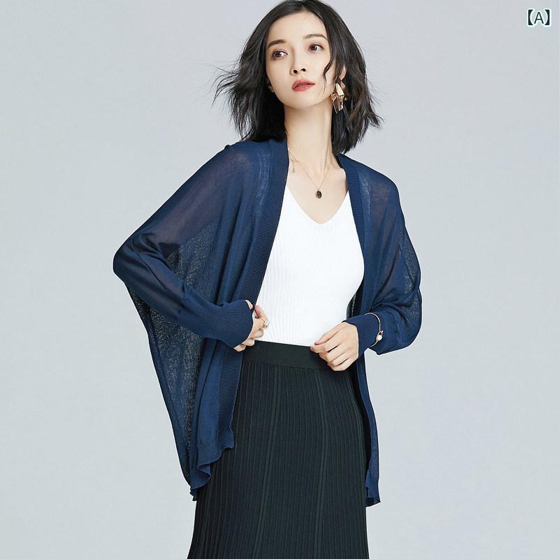 ジレー レディース UV取りすてる 人付き合い冷感 編み物 中長丈 野球バット衣袂 ゆったり 薄っぺら 単色 膝掛け アウター 相応う 夏用 軽さ 吸湿速乾 普段使い