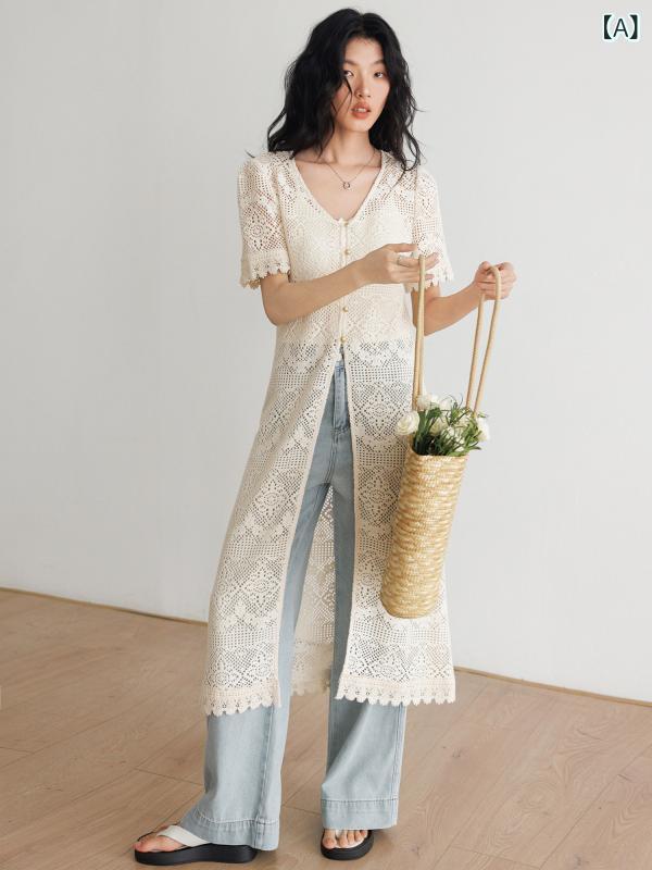 レディース ロングジレー 夏用 半袖 透け編み物 UVとり捨てる フレンチ表現スタイル 冷房装置打つ手 軽さ 吸湿速乾 アウター