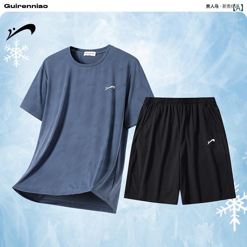 メンズ 夏用 接触冷感 吸湿速乾 短袖Tシャツ トップス カジュアル クルーネック ショーツ ハーフパンツ スポーツウェア 2点セット|ベネフィメントショップ