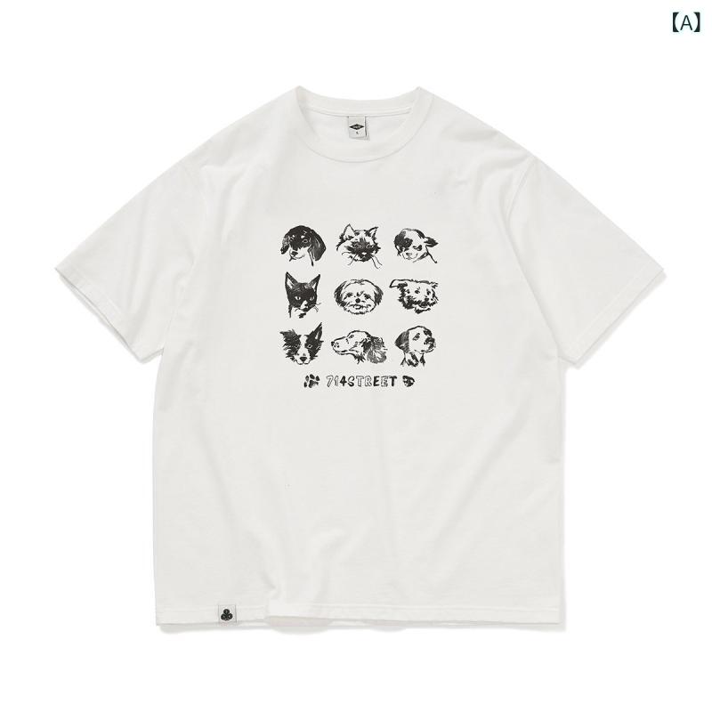 メンズ Tシャツ 夏用 レトロ アメリカンスタイル ヴィンテージ加工 ウォッシュ 動物柄 プリント ラグラン袖 ショートスリーブ カジュアル 日常使い ペア トップス｜ベネフィメントショップ