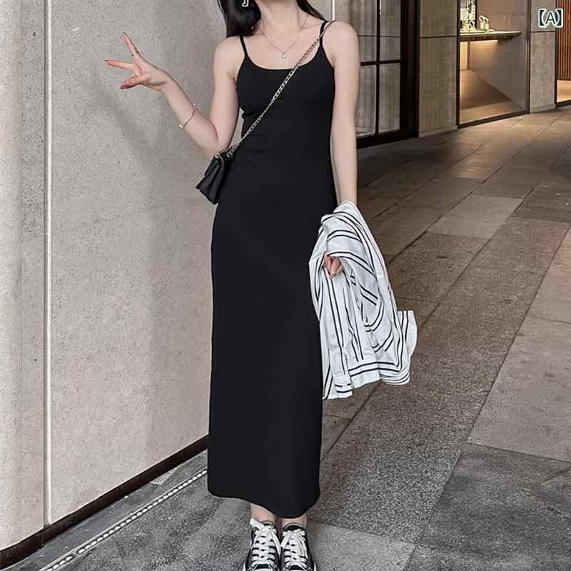 レディース 春夏 吊り帯衣装 黒いこと スリムロングドレス 御前上等感 填まる影ぼうし 日常使い走り 口さかしい原料品