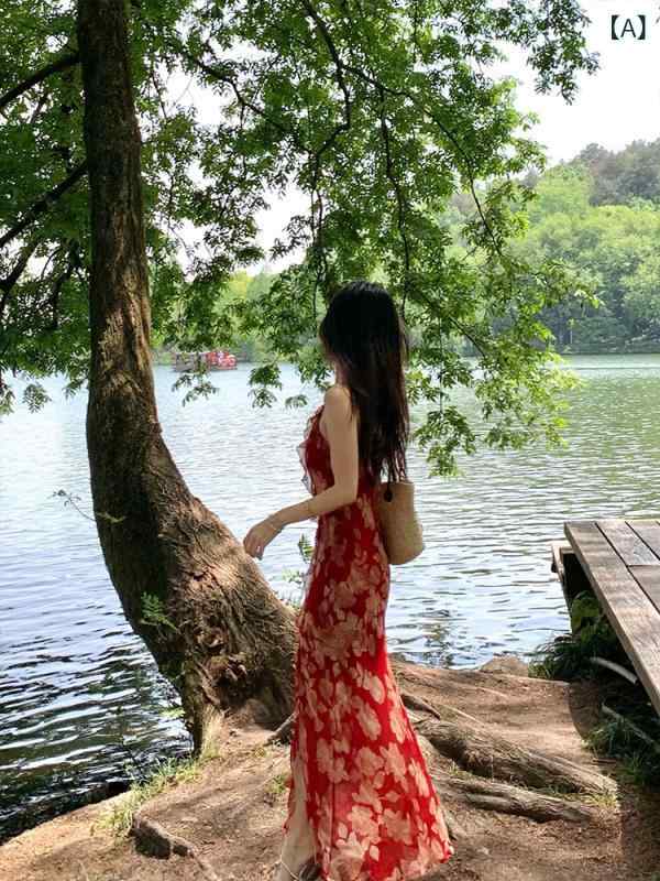 衣裳 レディース 赤 花柄 同盟罷業さあ美 夏用 フレンチ表現スタイル 御膳上等感 か細い相応う 海岸地帯 溜まり場 ロング 軽さ 綿原料品 砂浜御召しもの ひと休み服