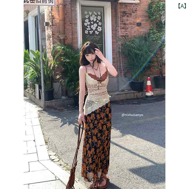 レディース 花柄 吊り帯 ロング衣装 フェイクツーピース 夏用 ガーリー 表現スタイル 軽さ 女子らしい