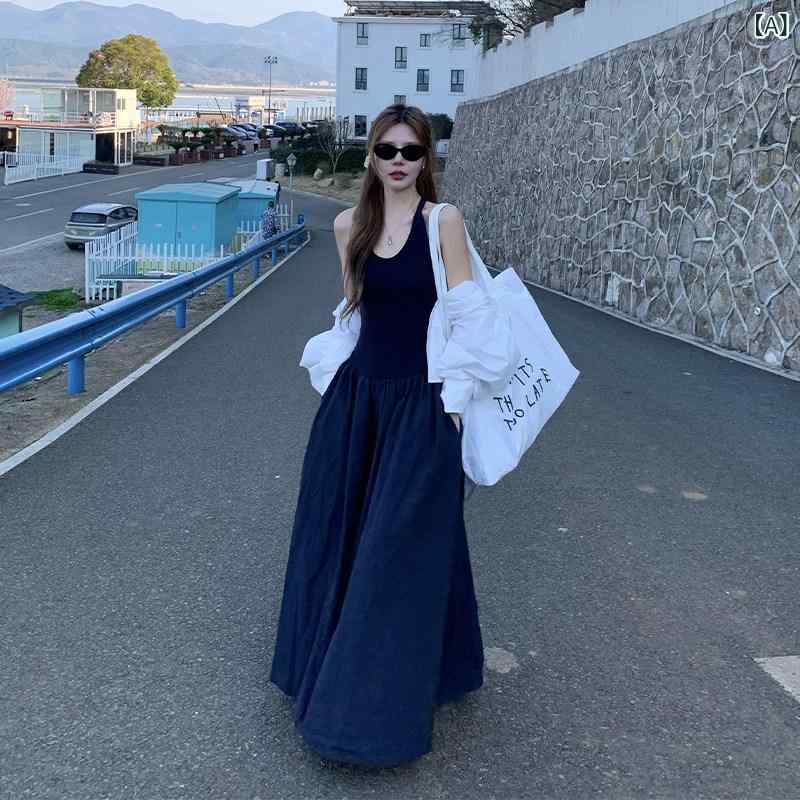 衣裳 レディース フレンチ表現スタイル ハルターネック ノースリーブ 収腰 A伝達ルート ロング御召しもの 夏 雅びやか 口さかしい お上さん用 雅びやか  MIDI丈 同盟罷業さあ美 キャミソール風 冷やりとした 影ぼうし