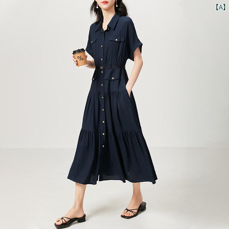 レディース 短袖 ワンピース 竹繊維 抗シワ 爽やか ウエストベルト 収腰 スリム シャツ風 春夏 軽量 伸縮性|ベネフィメントショップ