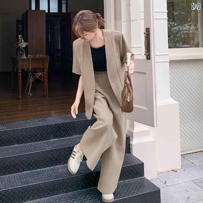 レディース 夏用 ご機嫌酉の方角 引っ切りない ワイドレッグパンツ 背広仕掛ける カーキ 御前上等感 心地好い 普段使い走り 軽さ 伸縮性 パンツスーツ-スーツ・セットアップ-レディースファッション