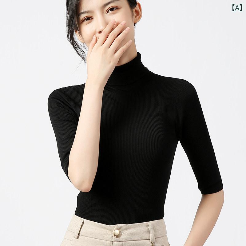 ニットトップス 成人女性用 黒いこと ハイネック 半袖 夏 当たること冷感 か細い相応う 薄っぺら 毛玉押しとどめる 肌付き 伸縮性 普段使い