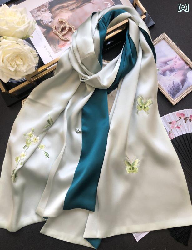 ストール レディース 絹 手刺繍 ロング スカーフ ショール 両用 春秋 桑蠶糸 手工芸 巻き方 多様 軽やか シルク 巻き巻き 首元 アクセサリー ファッション アイテム エレガント 柔らかい 素材 日常使い ギフト向き 通勤 通学｜ベネフィメントショップ