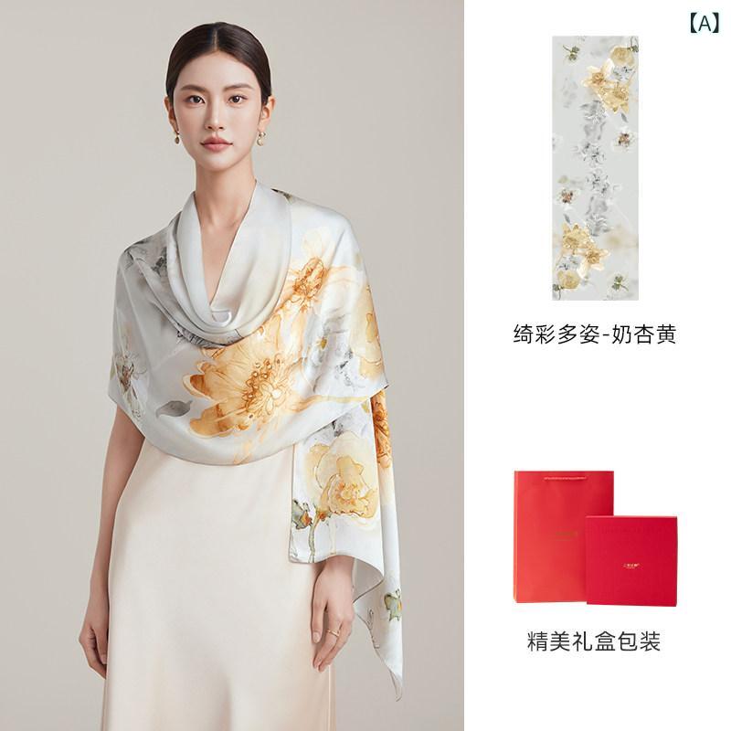肩かけ レディース 秋冬 真絹 花柄 ロング 袈裟 パステル色の 生あたたかい 差し上げ物針路 お上さん用 おっ母さん向け 刷り上げる柄 軽さ 絹原料品