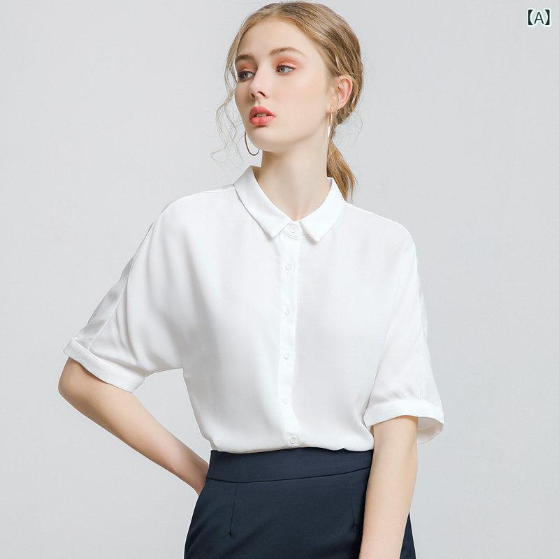 レディース 白 シフォン 短袖 トップ 会見用 燕尾服 トップス 御勤め服 書き割り 夏 通い 軽さ 吸湿速乾 分かりやすい