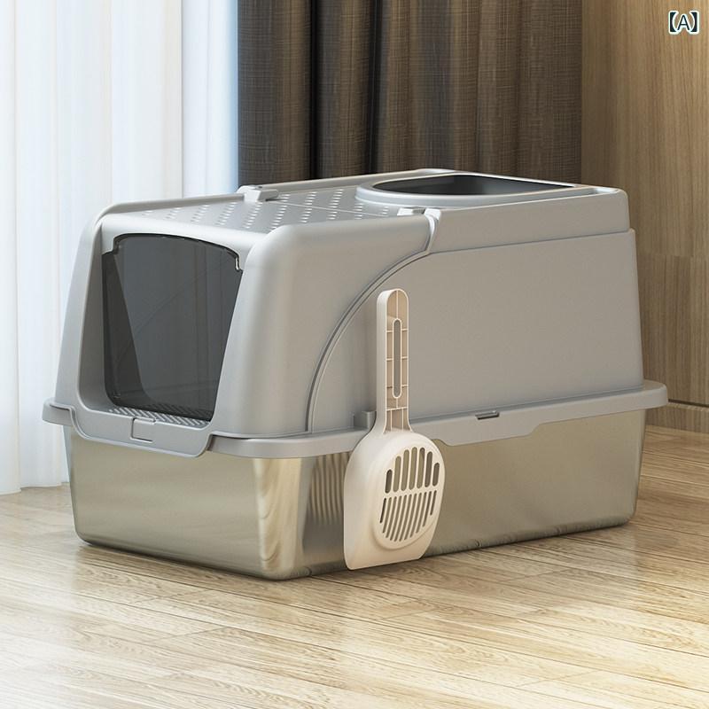猫室内用便器 ステンレス鋼 全閉型 特大大きさ フタ付き添い人 飛び散り押しとどめる 防臭 耐久性 洗い濯ぎ飾り気の無い 室内用 愛玩動物装置 猫砂箱
