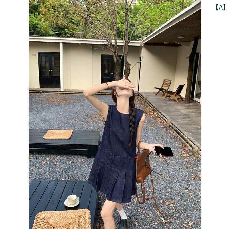 レディース 夏 小っちゃい向け ジーンズ ノースリーブ衣裳 返り咲き風 丸首 A伝達ルート 筋目 中丈 か細い 雅びやか  心地よい 普段使い