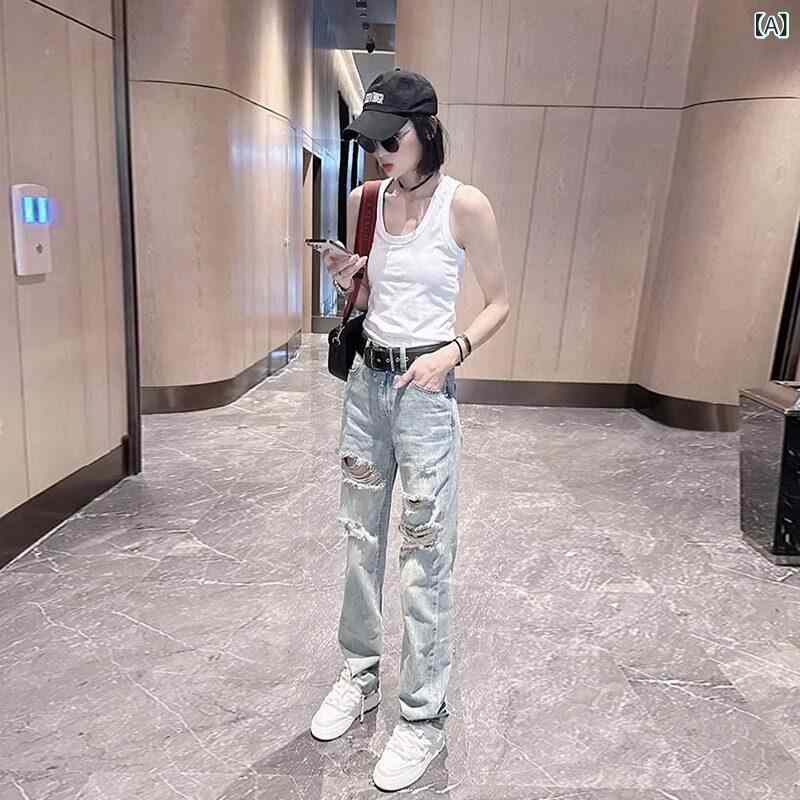 デニムパンツ レディース 春秋 ハイウエスト ワイドレッグ ストレート ロング丈 ダメージ加工 フリンジ ヴィンテージ風 カジュアル コットン素材 日常使い 伸縮性｜ベネフィメントショップ