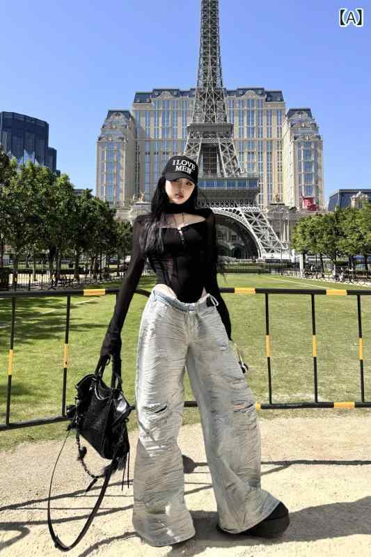 レディース デニムパンツ 破れ加工 ライトカラー ゆったりシルエット ワイドレッグ ロング丈 アメリカンスタイル ストリートファッション 春夏 カジュアル デニム素材 ビッグシルエット 普段使い｜ベネフィメントショップ
