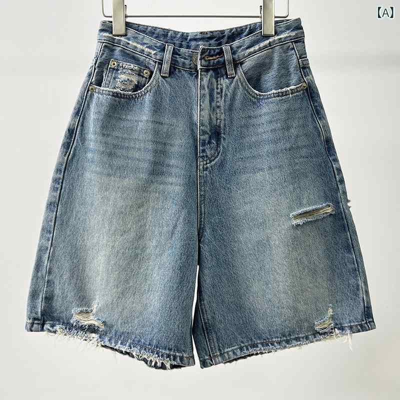 レディース 夏用 デニム ワイドレッグ ショートパンツ フィット 裂け目 ホール スリム 膝上丈 カジュアル 普段使い 伸縮性 軽量｜ベネフィメントショップ