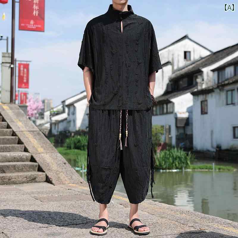 メンズ 漢服 短袖 ティーシャツ 書き割り 夏用 軽さ ゆったり 大きめ レトロ 中国風 今めかしい 心地よい トップス 取り合わせ 吸湿速乾 生まれ変わり衣料繊維 ビッグ影ぼうし 通い 普段使い
