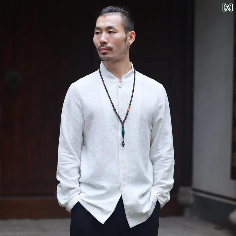 ティーシャツ メンズ 長袖 中国風 唐装 盤扣 リネン 綿織物混 返り咲き レトロ 表現スタイル ゆったり 相応う 通気性 吸湿性 日月 禅茶道 着付ける 普段使い