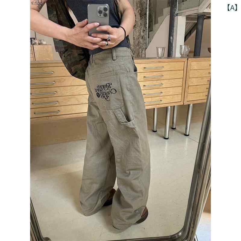 ワイドレッグパンツ ユニセックス アメリカンスタイル ストレート 刺繍 腰紐 ワークパンツ レトロ ストリート ゆったりシルエット ビンテージ 普段使い コットン混 ロング丈｜ベネフィメントショップ