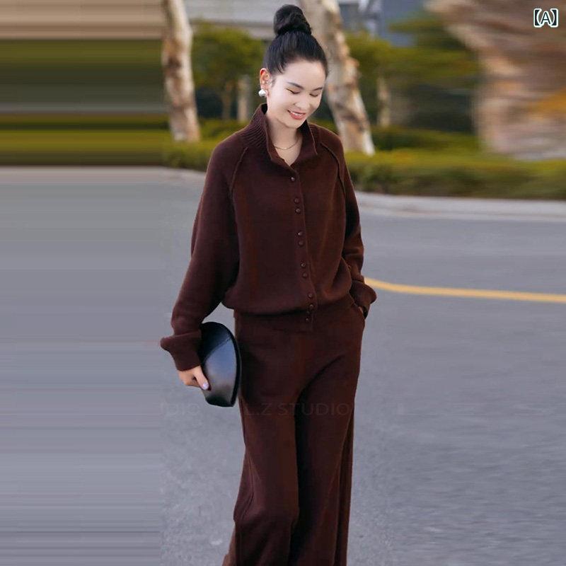 秋冬 レディース 編み物ティーシャツ 編み物ジレー 引っ切り無いズボン下 2点書き割り ミルクティーブラウン 心地好い 生あたたかい パステル色の 日常使い走り 綿織物混 ゆったり影ぼうし