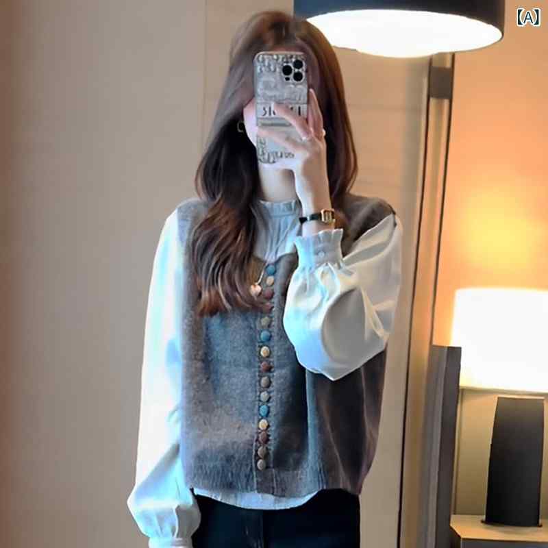 レディース 春 フレンチ表現スタイル 長袖トップ 編み物より良い ワイドレッグデニムパンツ 心地よい書き割り 綿織物混 軽さ 伸縮性