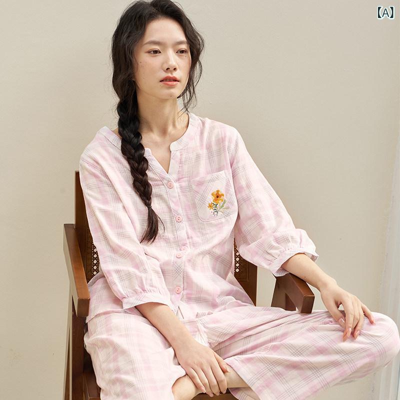 春夏 レディース 綿100% 二重ガーゼ 七分袖 パジャマ お部屋お召しもの お部屋着 出で立つ用 好いたらしい パステル色の 原料品 吸湿 速乾