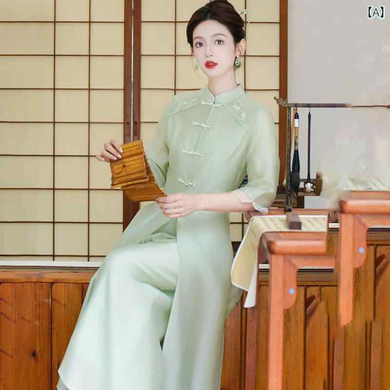 瀬戸ものお召しもの レディース 夏用 新中式 か細い填まる 漢服風 衣装 国風 セットアップ レトロ 茶道服 雅びやか 御前上等感 言い慣わし柄 雅びやか 上半身生産ライン 軽さ 吸湿速乾