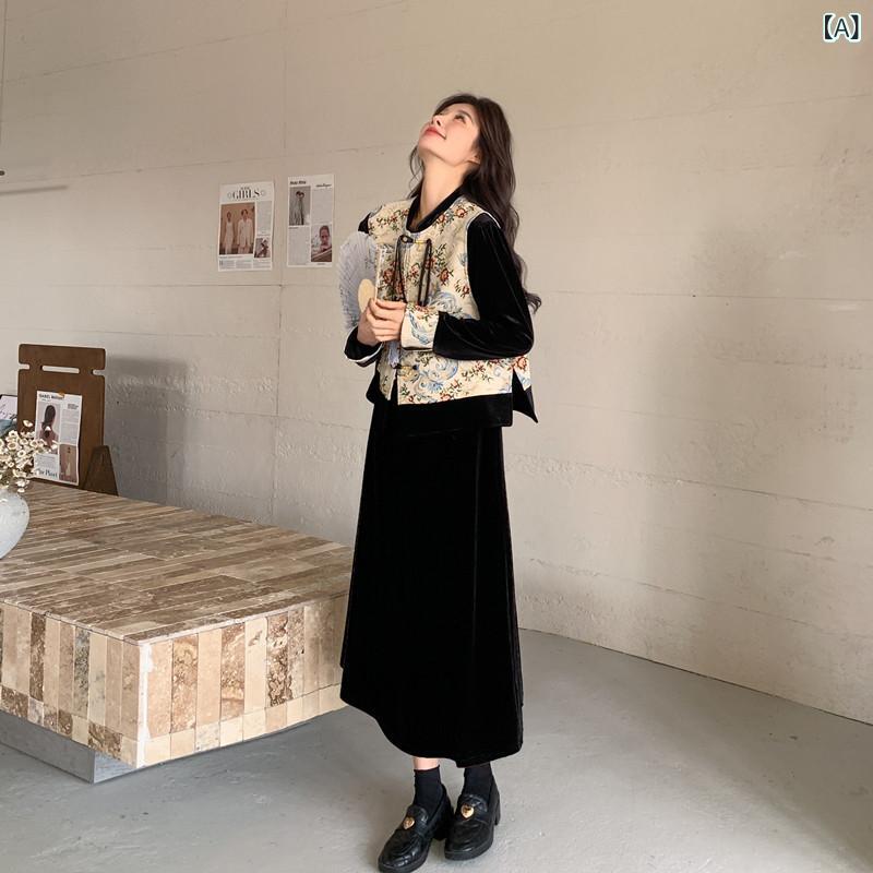 レディース 瀬戸ものお召しもの 衣装 仕掛ける 黒 ロング丈 花柄 より良い 中国風 年月 御前上等感 雅びやか 片方細長い切口 照明ランプ色合い
