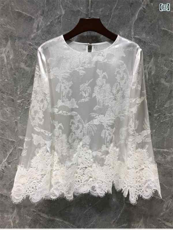 トップ お上さん用 春夏 白 スピード競技 提花 ラウンドのど首 繻子原料品 雅びやか トップス 口さかしい 綿混 当たること冷感 デイリー コーデ