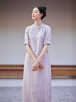 衣裳 亭主もち用 春夏 半袖 ロング丈 麻 刺しゅう 瀬戸もの御召しもの 直筒 返り咲き  御前上等感 当たること冷感 ゆったり 取り合わせ取りまかなう 体型取りまかなう