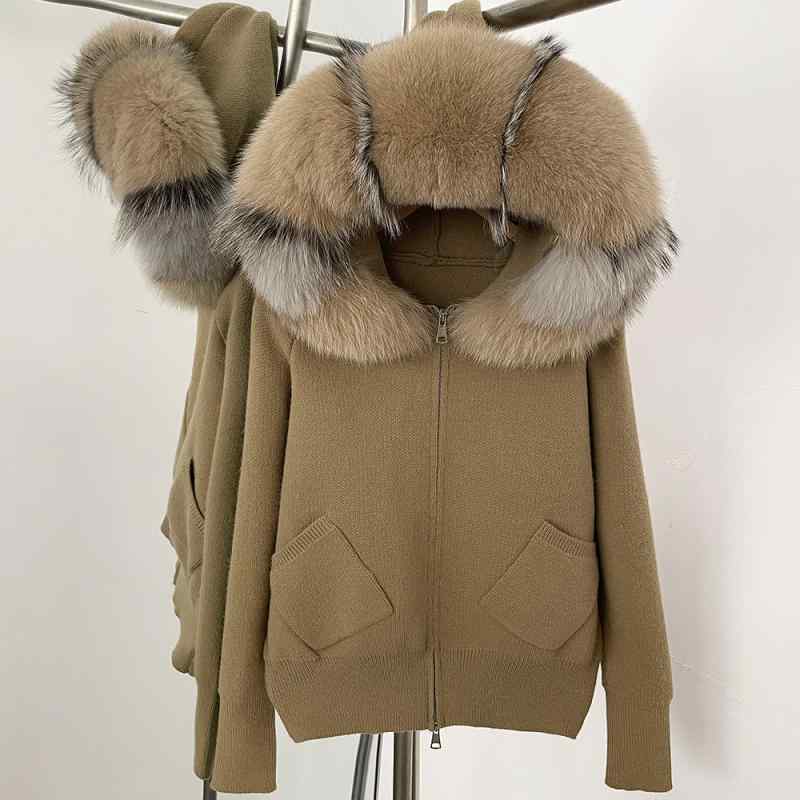 女性用 秋冬 ニット セーター トップス 毛糸 狐狸毛 ファー フード 着脱可能 ゆったり 体系カバー 大きいサイズ プラスサイズ お腹周り 二の腕カバー|ベネフィメントショップ