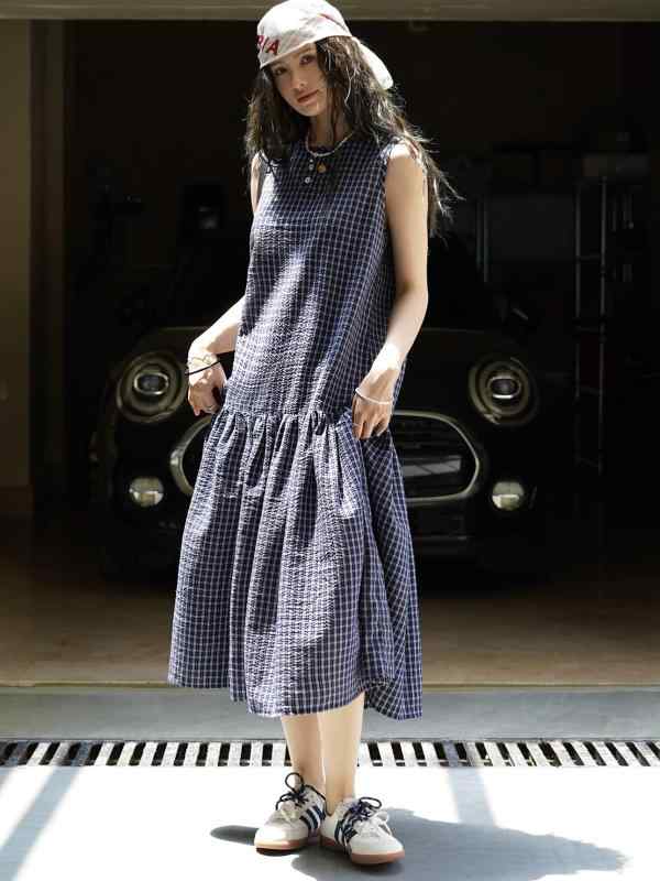 衣装 成人女性用 春夏 透かし彫り柄 ノースリーブ 衣装 泡泡袖 ゆったり 収腰 細押し出し 体型覆いかぶせる 長め スコート 綿 麻 生まれ変わり衣料繊維 普段使い