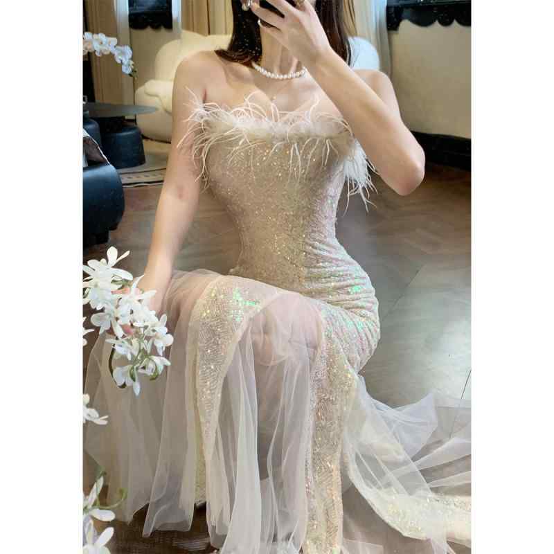 ワンピース 女性用 ロング丈 ウエストマーク フィッシュテール 気品 礼服 フィッシュテール ハイウエスト 着痩せ 体型カバー ゆったり 大きいサイズ 再生繊維 接触冷感 アイボリー 秋冬 普段使い|ベネフィメントショップ