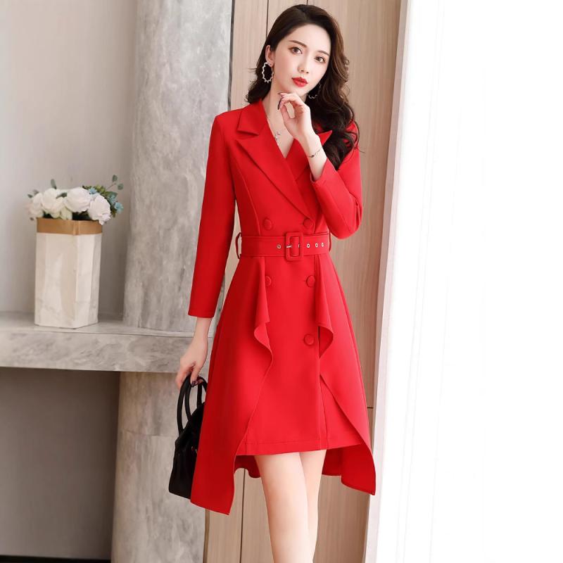 ワンピース レディース 中長丈 長袖 赤 収腰 スリム 春秋 上品 ファッション 日常使い 伸縮性 素材 軽量 シルエット｜ベネフィメントショップ