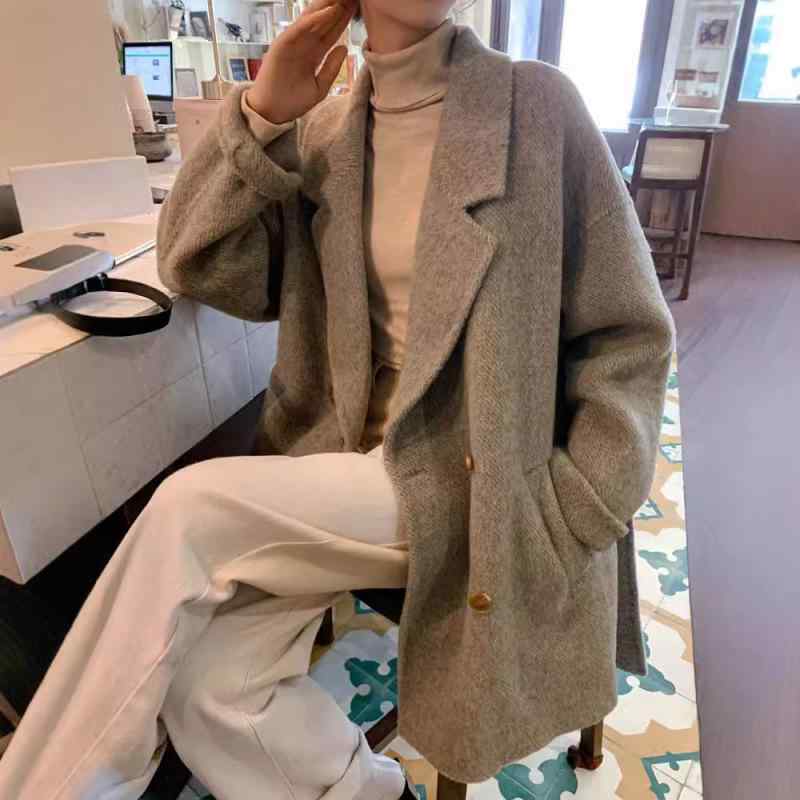 レディース 秋冬 コート アルパカウール ウール 中長丈 ダブルブレスト テーラードカラー ゆったり ベルト付き アウター 暖か フィット ツイード 合い 高級感｜ベネフィメントショップ