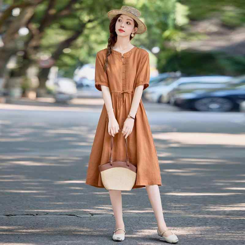 ワンピース 女性用 レトロ ラミー 素材 薄手 夏用 収腰 ロング丈 コットン混紡 軽量 通気性 良い スリム効果 ボヘミアン 芸術的 スタイル カジュアル 普段使い 爽やか シルエット｜ベネフィメントショップ