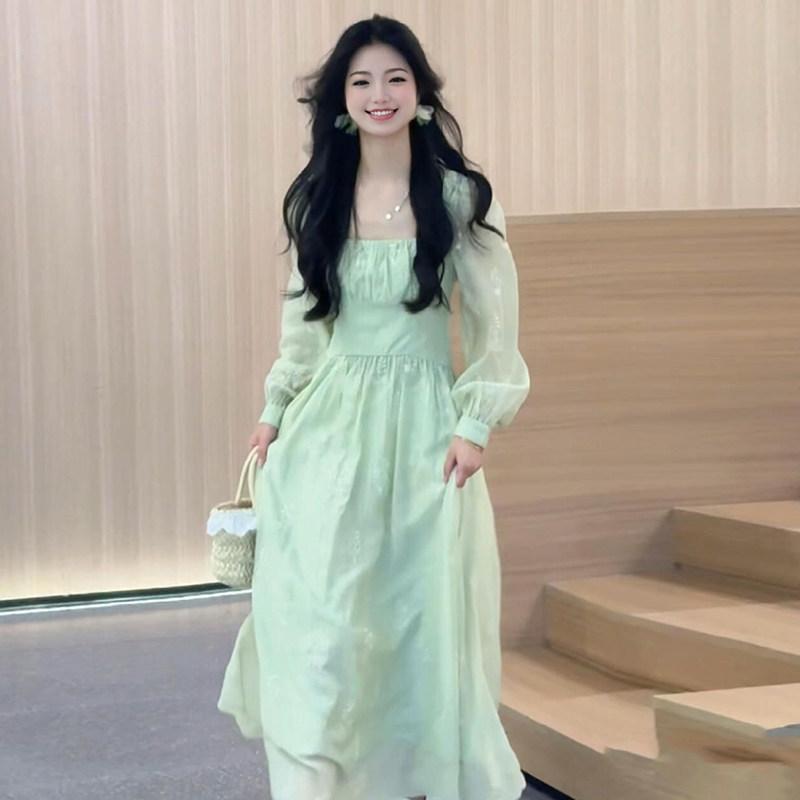 ワンピース レディース ドレス ロング丈 パフスリーブ 半袖 切り替え ハイウエスト Aライン ロングワンピース 爽やか ミントグリーン パステルカラー 薄手 軽い 涼しい 接触冷感 ゆったり 体型カバー 着痩せ お腹周りカバー フレア マキシ丈 カジュ｜ベネフィメントショップ