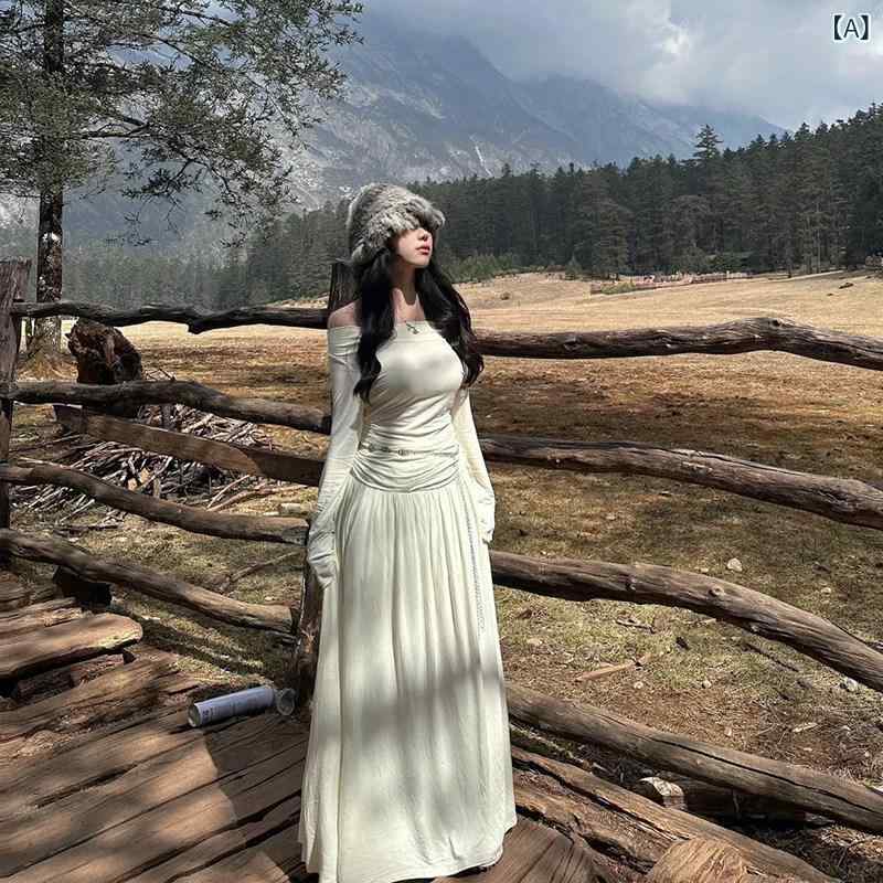 ワンピース レディース 春夏 ロング丈 オフショルダー 旅行用 リゾート 観光 ビーチ ミモレ丈 マキシ丈 ミルキーホワイト アイボリー 無地 ゆったり 体型カバー 着痩せ 細見え 体系カバー プラスサイズ 大きいサイズ お腹周り 二の腕カバー シンプル｜ベネフィメントショップ