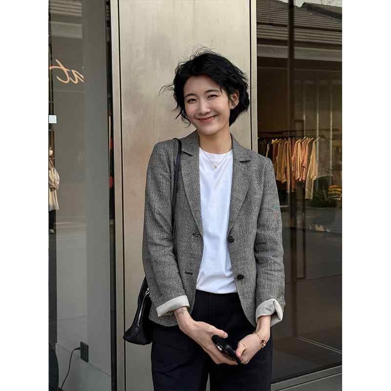 テーラードジャケット レディース アウター 上着 羽織り 長袖 チェック柄 亜麻 リネン混 切り替え 高級感 カジュアル フォーマル 通勤 通学 普段使い オフィス ビッグシルエット 体型カバー 着痩せ 細見え ゆったり 大きいサイズ ナチュラル 春秋 ｜ベネフィメントショップ