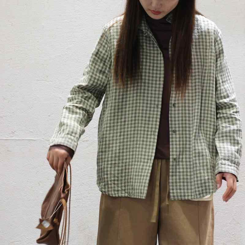 シャツ レディース トップス 長袖 グリーン 緑 チェック柄 リネン 麻 ゆったり 体型カバー 着痩せ 森ガール系 ナチュラル カジュアル 春秋冬 定番 おしゃれ かわいい 普段使い 通勤用 ビッグシルエット 切り替え 重ね着風 柔らかい 通気性 吸湿速|ベネフィメントショップ
