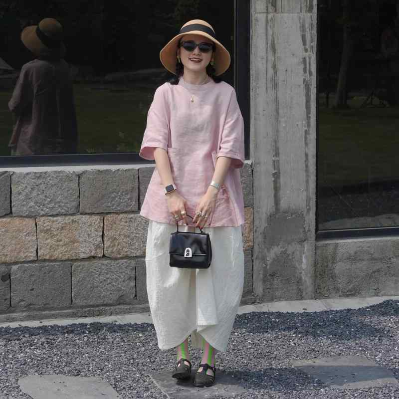 シャツ レディース トップス ゆったり 亜麻 綿麻 天然素材 五分袖 カジュアル ビッグシルエット 体型カバー 着痩せ 細見え 大きいサイズ プラスサイズ 普段使い ナチュラル 無地 ベーシック シンプル 快適 通気性 吸湿速乾 サラサラ 涼しい 肌触り｜ベネフィメントショップ