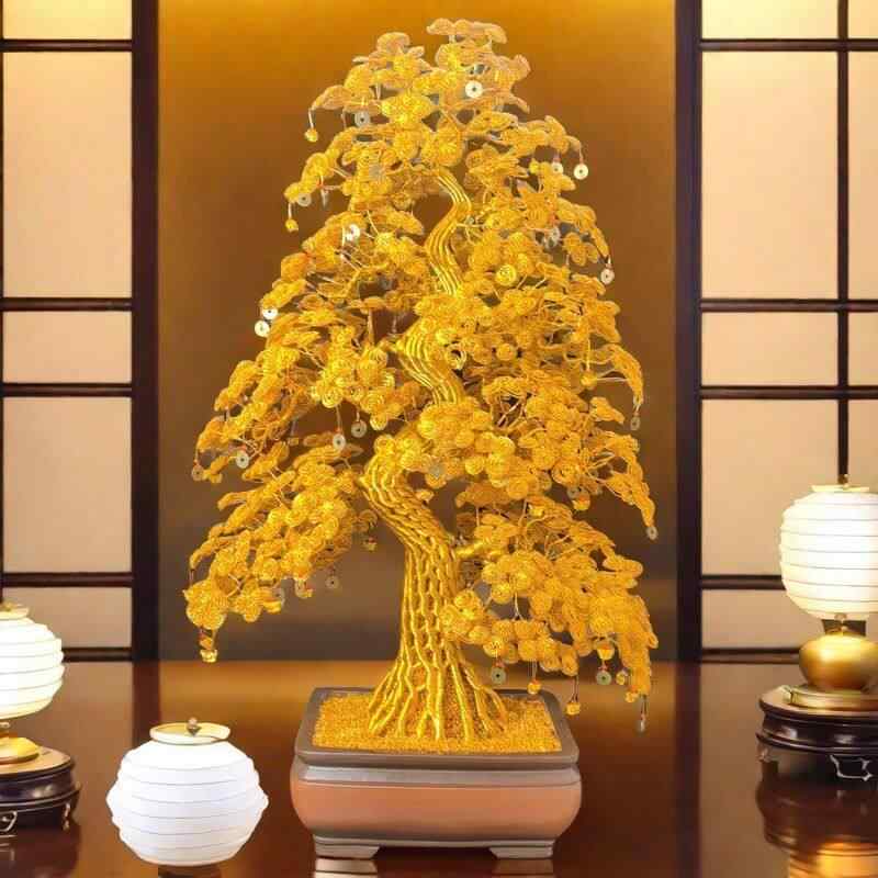 置物 観葉植物 手作り 編み込み 黄金の木 金運 ラッキーアイテム 招き猫 縁起物 インテリア雑貨 工芸品 おしゃれ 贈り物 ギフト 卓上装飾 開運グッズ 開店祝い 新築祝い 開業祝い 玄関 リビング デスク周り モダン 伝統的 アート ハンドメイド 癒｜ベネフィメントショップ