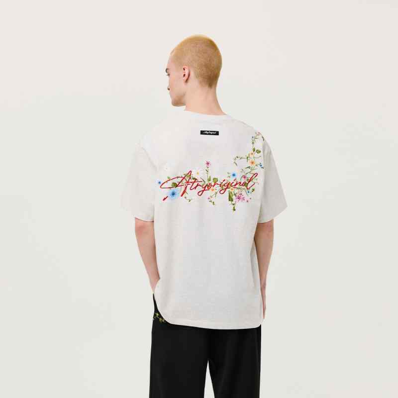 Tシャツ トップス ユニセックス 男女兼用 春夏 綿100％ コットン 花柄 刺繍 レトロ アメリカン カジュアル ゆったり ビッグシルエット オーバーサイズ 体型カバー 着痩せ お腹周り 二の腕カバー 高級感 重厚感 切り替え ラグラン袖 半袖 クルー｜ベネフィメントショップ