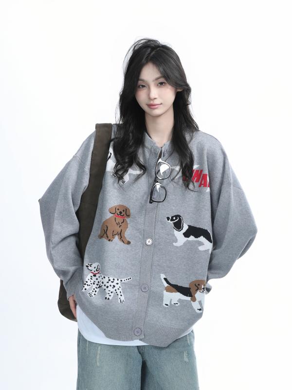 カーディガン レディース トップス 羽織り ニット セーター アメリカンレトロ ヴィンテージ風 カートゥーン 子犬 刺繍 ゆったり ビッグシルエット カジュアル ラフ ゆるふわ 柔らかい 暖かい 長袖 伸縮性 高級感 秋 冬 秋冬 体型カバー 大きいサイ｜ベネフィメントショップ