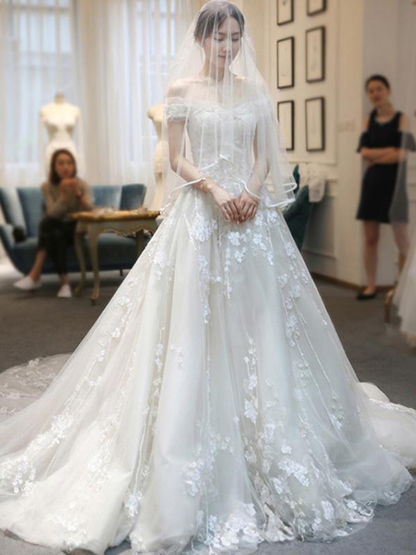 ウェディングドレス レディース フランス風 オフショルダー プリンセスライン シンプル スレンダー ロングトレーン 挙式 結婚式 二次会 披露宴 ブライダル 大きいサイズ 体型カバー 着痩せ ゆったり プラスサイズ ウエスト細見え 高級感 夢幻的 チュー｜ベネフィメントショップ