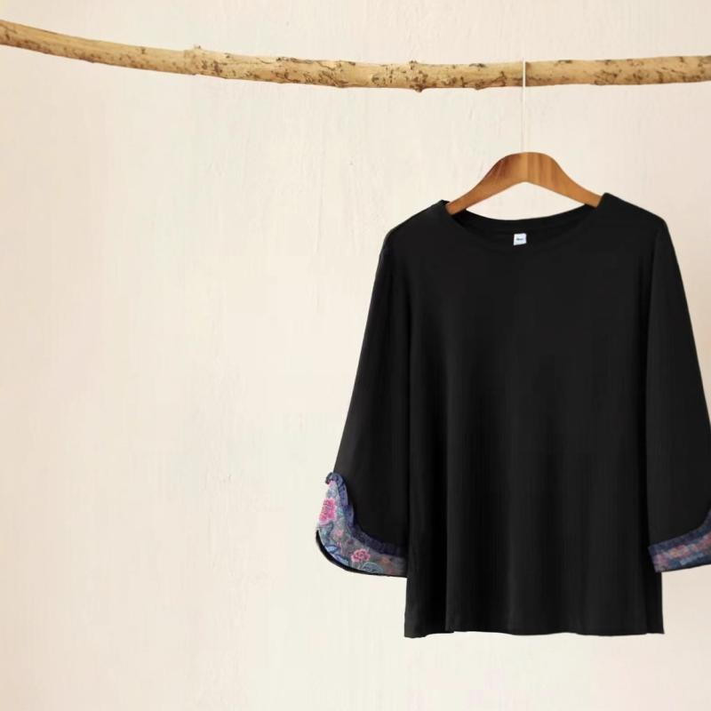Tシャツ レディース 春秋 七分袖 丸首 刺繍 レトロ ナチュラル エスニック風 カジュアル トップス ゆったり 体型カバー 大きいサイズ コットン 刺しゅう 花柄 普段使い 着痩せ 細見え お腹周り 二の腕カバー 重ね着 インナー 通学 通勤用 デイリ｜ベネフィメントショップ