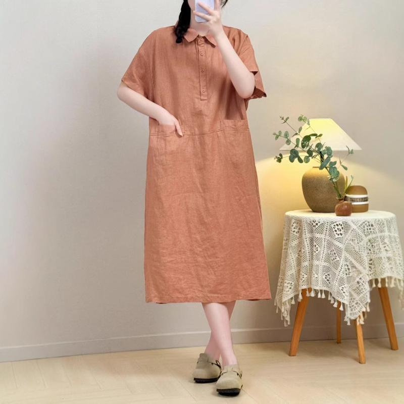 ワンピース レディース 春夏 シャツワンピース 亜麻 リネン 襟付き 半袖 ミモレ丈 ロング丈 シンプル ナチュラル カジュアル ゆったり 体型カバー 着痩せ お腹周り 大きいサイズ 二の腕カバー 通勤用 普段使い デート 無地 通気性 柔らかい 快適 ｜ベネフィメントショップ