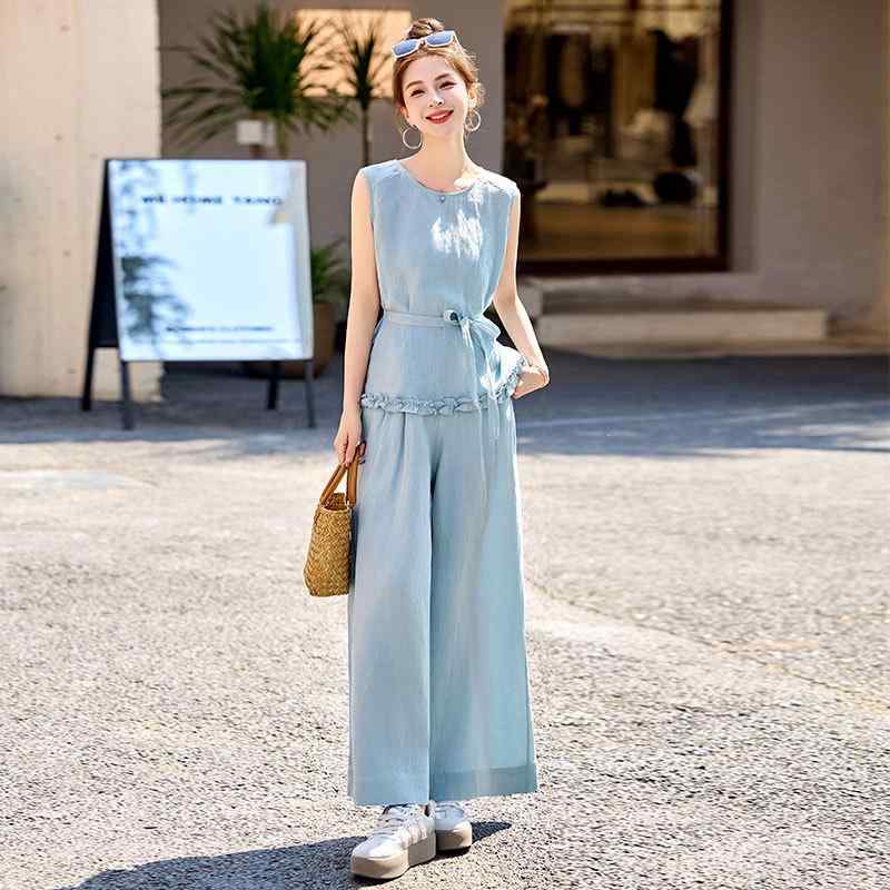 セットアップ レディース ベスト ワイドパンツ 麻混 カジュアル 上下セット ノースリーブ ロングパンツ 体型カバー ゆったり 着痩せ 大きいサイズ 綿麻素材 伸縮性 通気性 ナチュラル スタイルアップ リゾート 普段使い 通勤用 旅行用 オフィス 涼し|ベネフィメントショップ